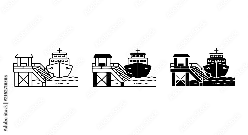 Fototapeta premium Ferry Boat Docking, Maritime Transport Hub, Water Transportation Scene, Nautical Logistics Icon
