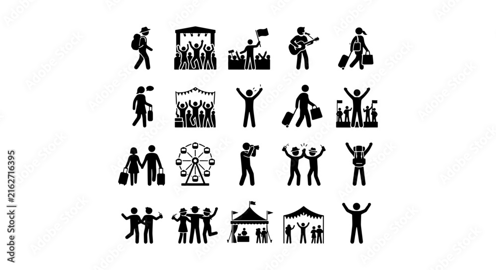 Fototapeta premium Festival Icons, Crowd Silhouettes, Music Event Symbols, Travel People Graphics