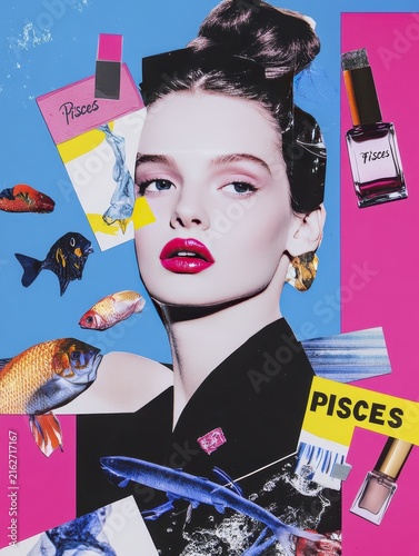 Vibrant fashion collage with bold makeup, fish elements, and Pisces theme Zodiac signs in fashion collage style