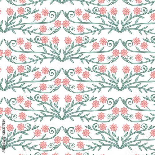 The image shows a seamless textile pattern in the form of symmetrical botanical borders with pink flowers and green stems on a white background.