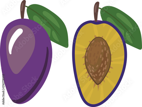 A whole plum and a cut plum with a pit