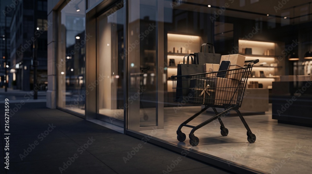 Naklejka premium Empty shopping cart on a quiet city street at night.