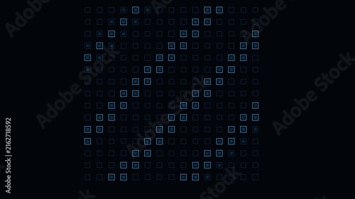 Grid of flickering blue square shapes forming abstract patterns on dark background creating digital data motion footage.