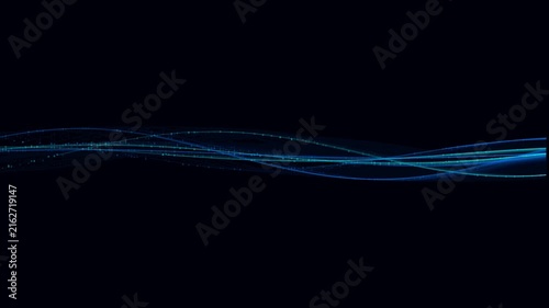 Abstract blue light streaks and particles flow dynamically across black background, representing data transfer and technology.