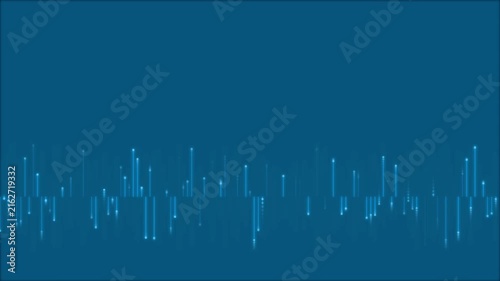 Abstract digital audio waveform with blue light vertical glowing particles moving across dark screen background motion loop.