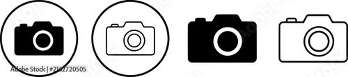 Minimalist camera icon set, black and white photography symbols, 4 digital camera vector illustrations for web and app UI design