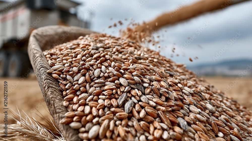 Obraz premium Golden wheat grains spill into a heap. Machine pours harvest against a muted sky.