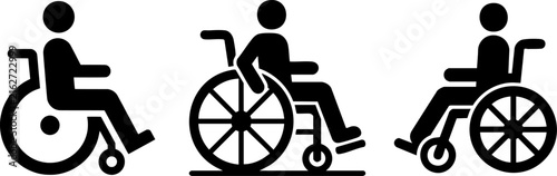 Wheelchair user icons set, disabled person accessibility symbols, black vector silhouettes for medical and public signage