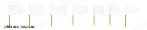 Paper food flags mockup set. White cake flags on wooden toothpick. 3D small cake topper for birthday party, wedding celebration or promotional event. Realistic vector illustration.