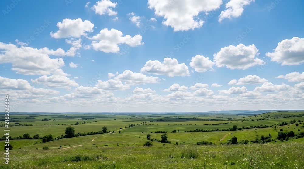 Fototapeta premium Wide Open Clear Summer Horizon with Scattered Fluffy White Clouds sky cloud blue clear bright summer horizon open airy peaceful tranquil serene background backdrop minimalist simple nature travel