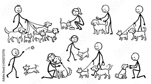 Cartoon People Walking Dogs in Various Poses.