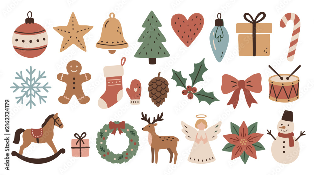 Fototapeta premium Charming collection of various Christmas and winter holiday themed flat illustrations, including ornaments, a gingerbread man, and a snowman, isolated on a clean white background