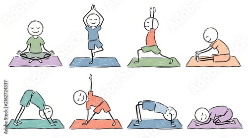 Colorful cartoon characters performing various yoga poses on mats.