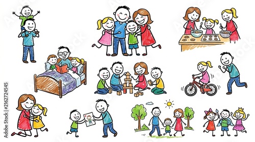 Colorful cartoon family illustrations in various activities.