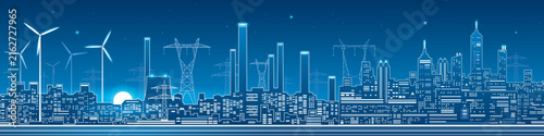 Panoramic energy and industrial city skyline with wind turbines, power transmission towers, factories and modern buildings in blue line art style.