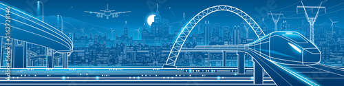 Futuristic smart city panorama with high speed train, modern transport infrastructure, power grid, wind energy, airplane and urban skyline in blue line art.