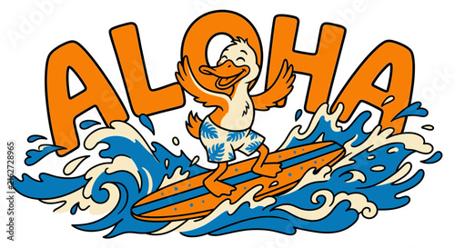 Photography Cartoon Duck Character Surfing on Ocean Waves with Large Aloha Text, Vibrant Sum