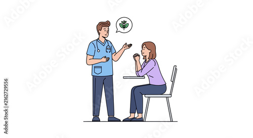 A medical professional consults with a patient in a clinic room
