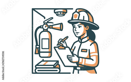 Female Firefighter Safety Inspection Vector Illustration