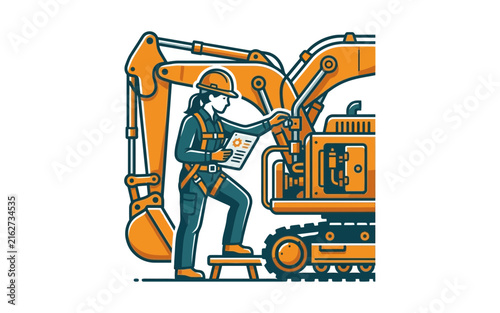 Female Construction Engineer Inspecting Excavator Vector Illustration
