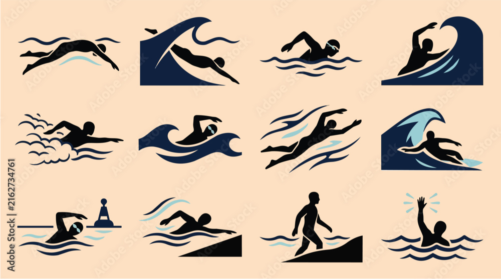 Obraz premium Swimming icons set for sports marketing, water activities and athlete fitness training in pool or ocean. People, strokes and hobby with aquatic exercise, summer leisure and competition themes.