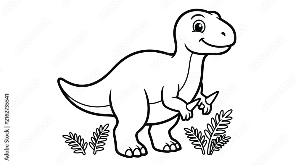 Fototapeta premium Cute little dinosaur cartoon character for children coloring page illustration with simple outlines and plants