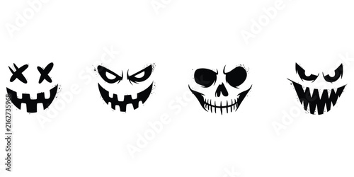 Collection of four scary halloween pumpkin carving faces with jagged teeth and sinister eyes, black ink splatter texture effect, isolated on a white background