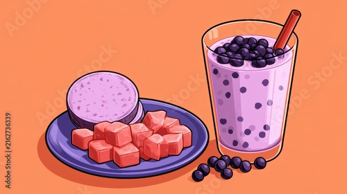 Taro Milk Bubble Tea with Tapioca Pearls,menu in cafe,Trendy,boba milk tea,banner for background,2026 food trends,space for text.