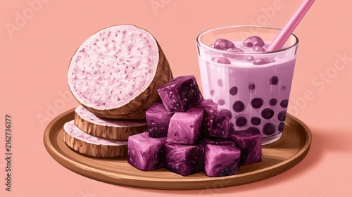 Taro Milk Bubble Tea with Tapioca Pearls,menu in cafe,Trendy,boba milk tea,banner for background,2026 food trends,space for text.