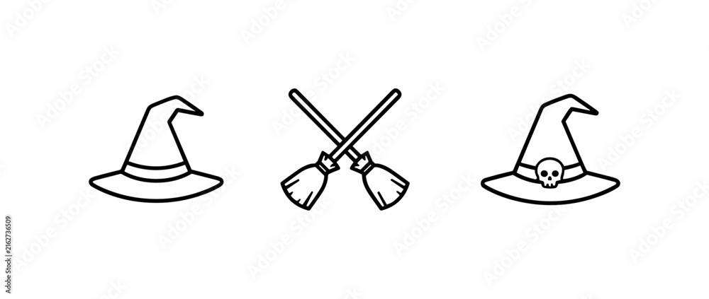 Fototapeta premium Set of simple black outline witch hats and crossed broomsticks icons