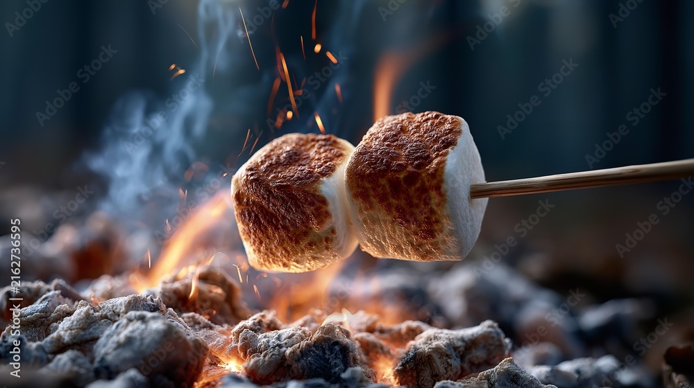 Fototapeta premium Giant marshmallows toast over crackling campfire. Flames dance, sparks fly, smoke curls upward. Soft golden brown, sweetly charred, on stick.