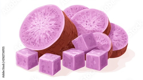 Fresh taro root and a half slice isolated on white background,seamless pattern taro,Sliced taro root vegetable,healthy food concept.