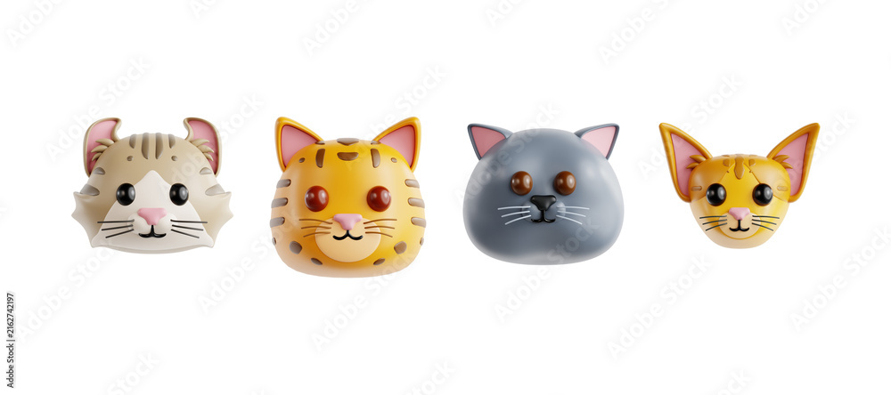 Fototapeta premium Four stylized cat head icons with different fur patterns pet character collection