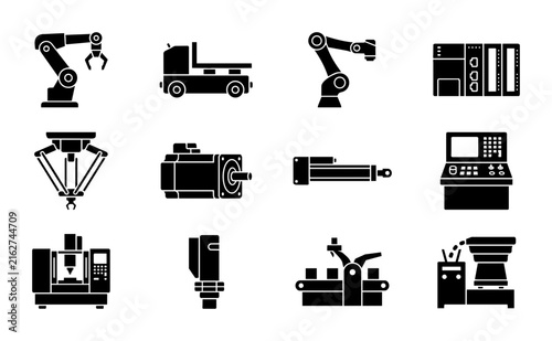 Industrial Automation Icons Set: Robotic Arms, CNC Machines, Conveyors, Control Panels, and Manufacturing Equipment Vector Graphics