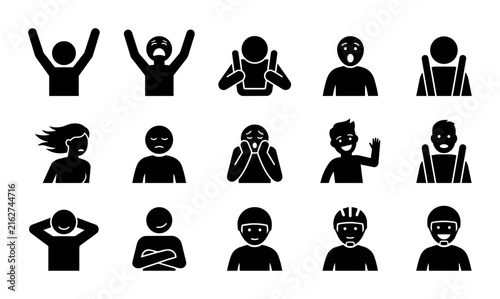 Diverse Human Emotion Icons, 15 Black Silhouette Figures Expressing Joy, Sadness, Surprise, and Excitement, Vector Set for User Interface and Infographic Design
