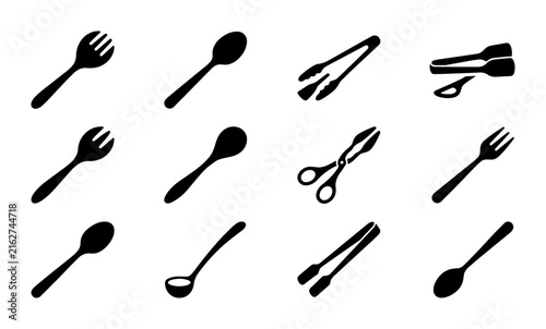 Kitchen Utensil Icons Set: Black Silhouette Vector Graphics of Forks, Spoons, Ladles, and Tongs for Culinary Design and Food Service Applications