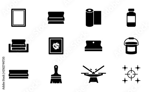 Screen Printing Tools and Supplies Vector Icons Set, Graphic Design Elements for Printing Industry, Black and White Silhouettes