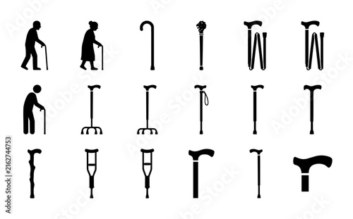 Elderly Mobility Aids Collection: Walking Sticks, Canes, Crutches, and Quad Canes Vector Icons for Healthcare and Senior Support Graphics