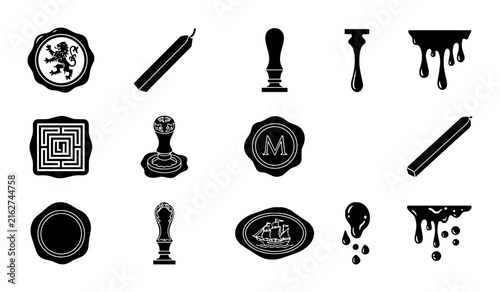 Wax Seal Stamp Icons, Vintage Emblem Vector Graphics, Retro Authentication Symbols, Set of 16 Black and White Elements