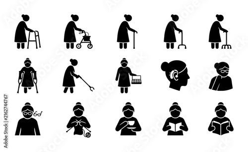 Senior Woman Icon Set: Mobility Aids, Daily Activities, and Hobbies Vector Graphics Collection