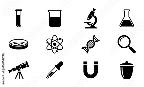 Science Icons Set: Laboratory Equipment, Microscope, DNA, Atom, Telescope, Magnet, Beaker, Flask, Petri Dish, Dropper, Magnifying Glass, Trash Can