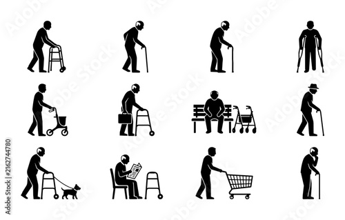 Senior Citizen Icon Set: Elderly People with Walkers, Canes, and Mobility Aids, Representing Aging, Independence, and Daily Life Activities