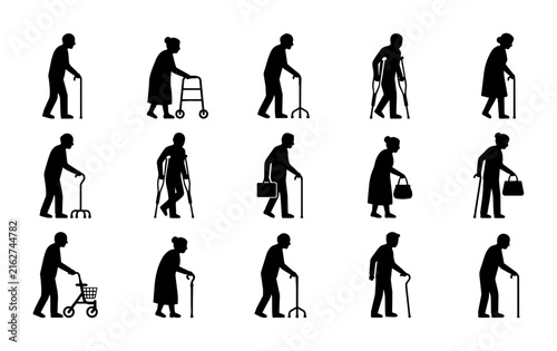 Senior Silhouette Icons, Elderly People Walking Aids Collection, Old Age Mobility Support Vector Set, Geriatric Assistance Graphic Elements