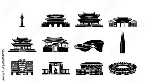 Iconic Landmark Collection: Korean Architecture, Modern Structures, and Cityscape Silhouettes for Travel and Culture Graphics