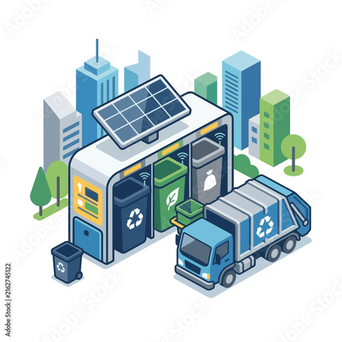 Garbage truck stands beside a solar-powered recycling station in an isometric urban environment.