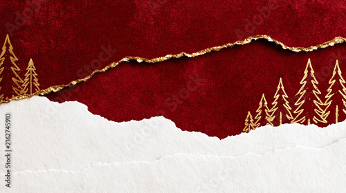 Christmas Background with Torn Red Paper and Gold Trees