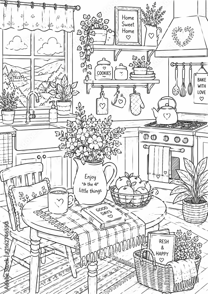 Fototapeta premium Cozy Country Kitchen with Flowers, Shelves and Cooking Utensils – Home, Baking and Cottage Lifestyle Coloring Page