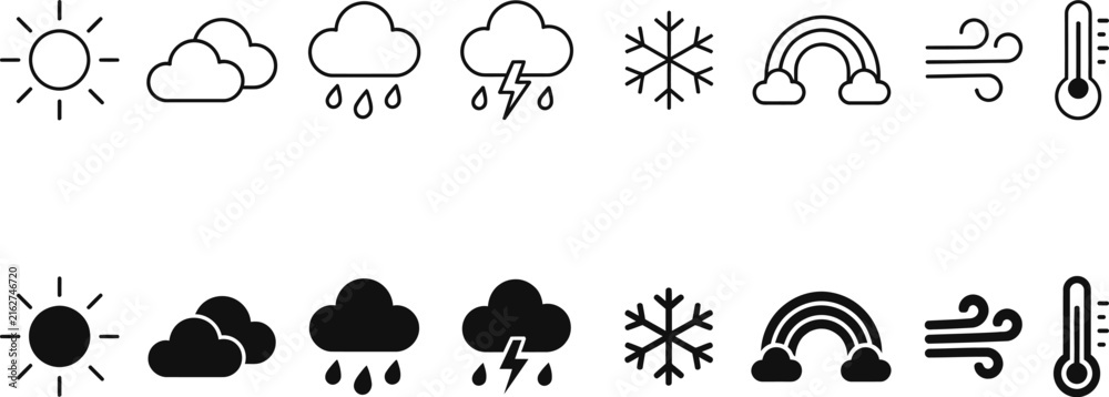 Fototapeta premium Weather forecast meteorology symbols in linear and solid styles for climate news app graphics.