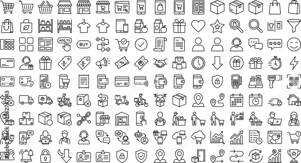 Obraz premium Ecommerce and online shopping line icon collection featuring retail products, payment, delivery, customers, marketing, business services and digital commerce