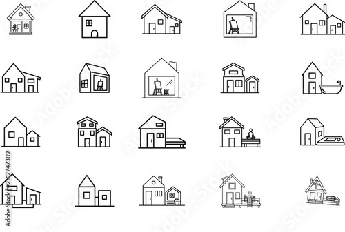Set of minimalist line art house sketches and architectural symbols for real estate design with minimalist architecture building residential structure collection property